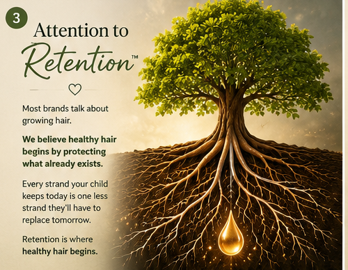 Little Roots™ storyboard chapter three: a full tree above ground with luminous roots below and a golden droplet. Attention to Retention™ — every strand your child keeps today is one less strand they'll have to replace tomorrow. Retention is where healthy hair begins.