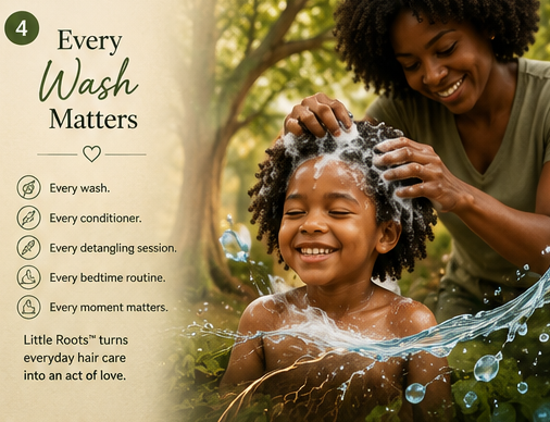 Little Roots™ storyboard chapter four: a smiling mother washing her young child's curly hair outdoors with water and lather. Every wash matters — every wash, every conditioner, every detangling session, every bedtime routine, every moment matters. Little Roots™ turns everyday hair care into an act of love.