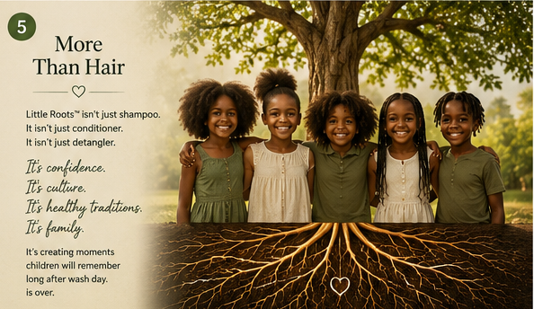 Little Roots™ storyboard chapter five: five smiling children with natural textured hairstyles standing together beneath a large tree with glowing roots below. More than hair — Little Roots™ isn't just shampoo, conditioner or detangler; it's confidence, culture, healthy traditions and family.