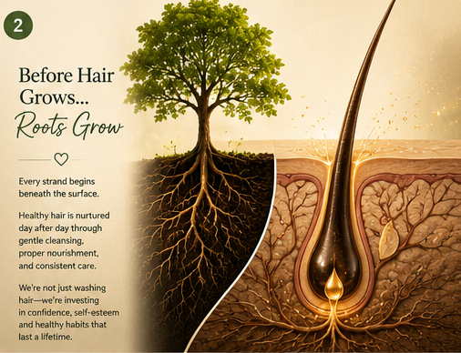 Little Roots™ storyboard chapter two: a tree's root system beside an illustrated hair follicle below the scalp. Before hair grows, roots grow. Healthy hair is nurtured day after day through gentle cleansing, proper nourishment and consistent care — we're not just washing hair, we're investing in confidence, self-esteem and healthy habits that last a lifetime.
