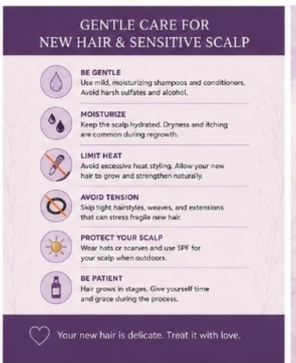 Gentle care guide for new hair and a sensitive scalp: be gentle, moisturize, limit heat, avoid tension, protect your scalp, be patient