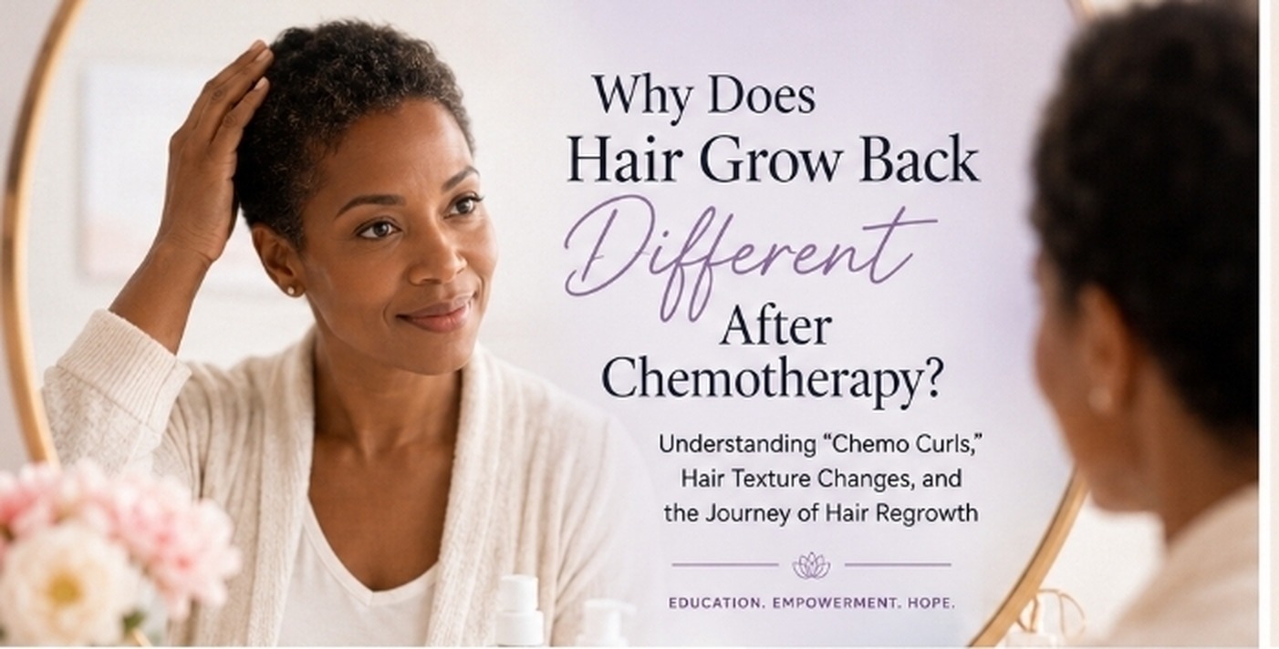 Editorial title graphic: a woman touching her short new hair regrowth in a mirror beside the headline Why Does Hair Grow Back Different After Chemotherapy?