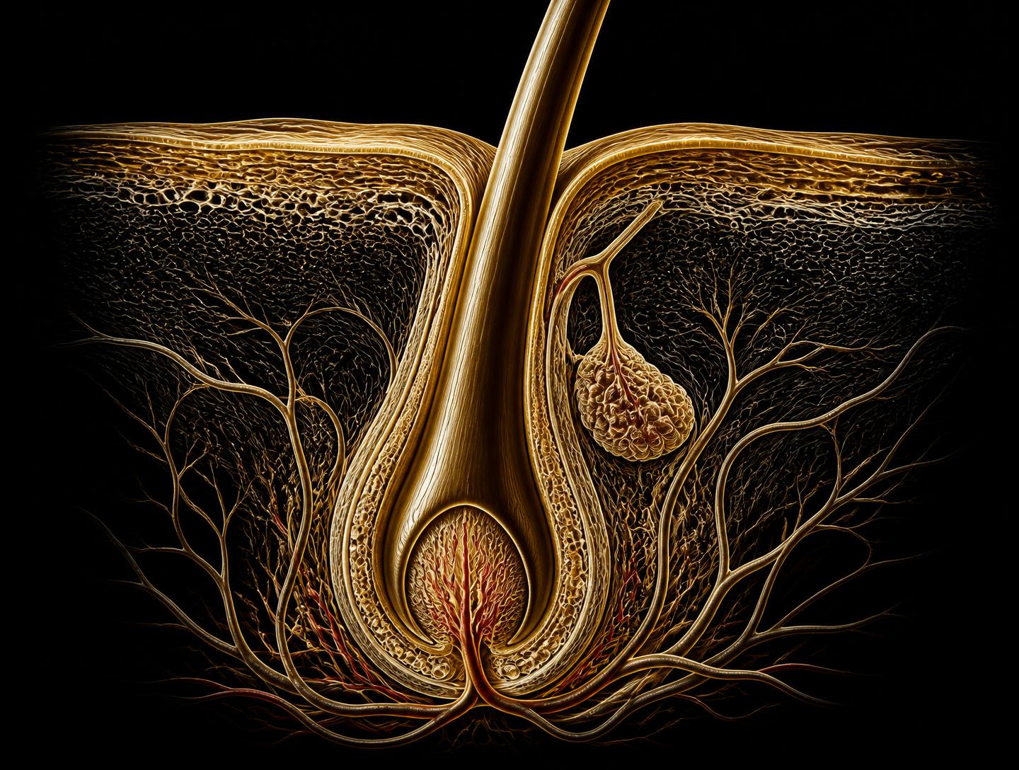Scientific illustration of a human hair follicle in cross-section within the scalp, showing the dermal papilla and blood supply