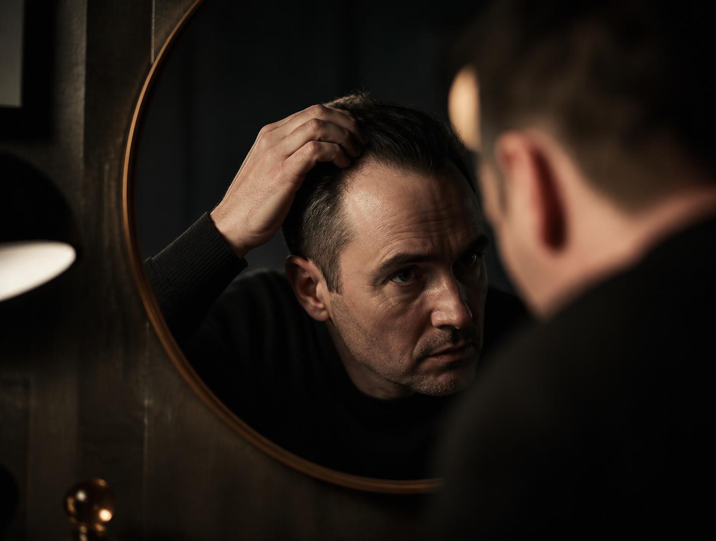 Person inspecting thinning hair density at the temple in a dimly lit mirror
