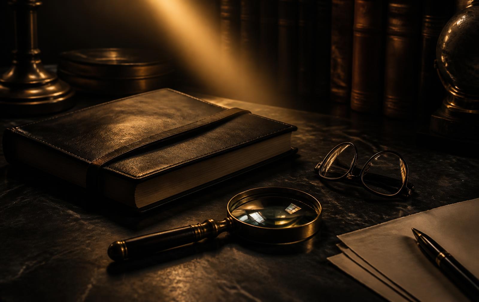Investigator's desk with notebook and magnifier