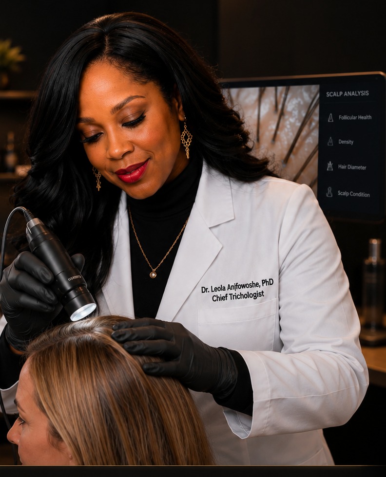 Dr. Leola Anifowoshe, PhD, Chief Trichologist, performing a scalp analysis with a trichoscope
