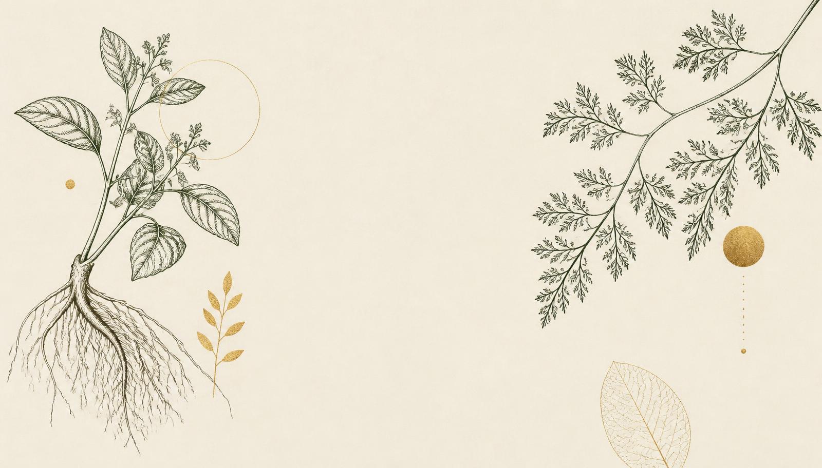 Botanical line illustration of roots and leaves in green and gold