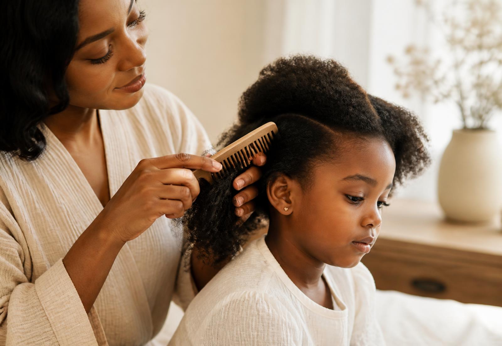A parent gently detangling a young child's natural coily hair with a wide-tooth comb