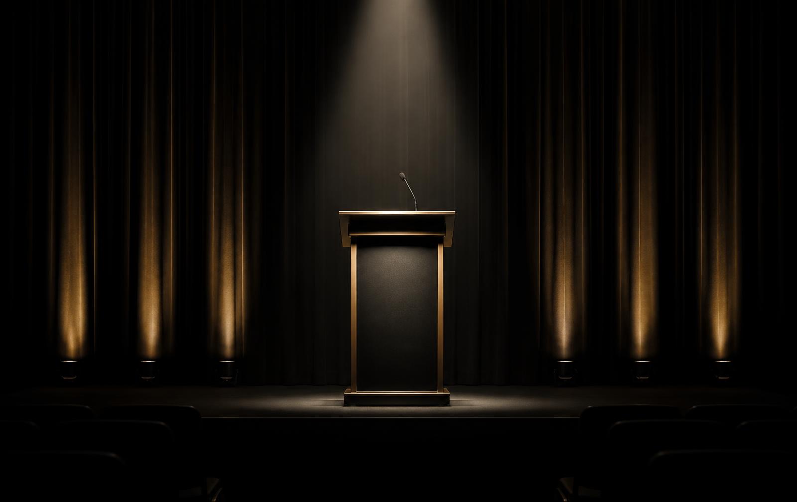 Press stage lectern under a single spotlight