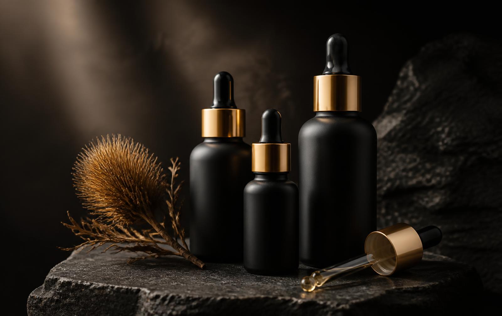 Premium Hair Recovery™ serums and dropper on dark stone