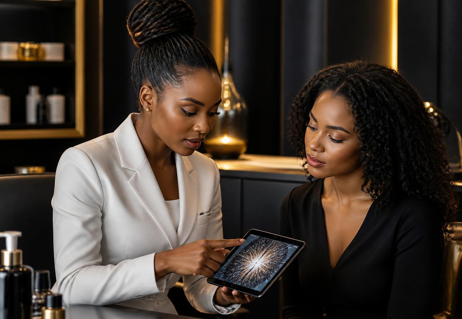 A trichologist reviewing findings privately with a client