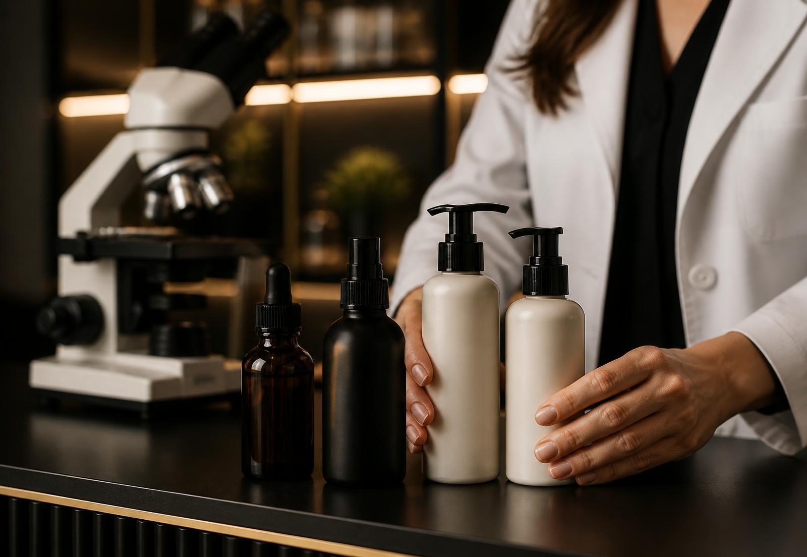 Trichologist arranging professionally developed hair and scalp bottles on a dark clinic counter beside a microscope